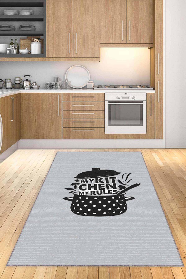 Gri Kaymaz Tabanlı My Kitchen My Rules Mutfak Halısı AR030