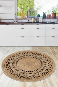 Bej Kaymaz Taban Hasır Görünüm Yuvarlak Mutfak Halısı AR1057 Bej Kaymaz Taban Hasır Görünüm Yuvarlak Mutfak Halısı AR1057