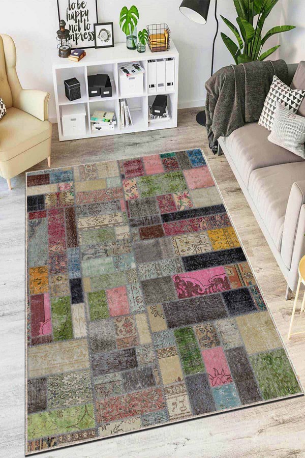 Renkli Kaymaz Tabanlı Yıkanır Patchwork Mutfak Halısı AR1061