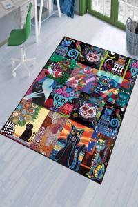 Çok Renkli Kaymaz Taban Yıkanan Kedili Mutfak Halısı AR1184 Çok Renkli Kaymaz Taban Yıkanan Kedili Mutfak Halısı AR1184