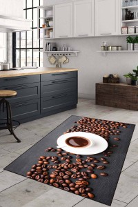 Kahverengi Kaymaz Tabanlı Kahve Desenli Mutfak Halısı AR1257 Kahverengi Kaymaz Tabanlı Kahve Desenli Mutfak Halısı AR1257