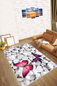 Mor Kaymaz Tabanlı Yıkanabilir Kelebekli Mutfak Halısı AR128 Mor Kaymaz Tabanlı Yıkanabilir Kelebekli Mutfak Halısı AR128