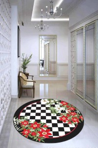 Kırmızı Kaymaz Çiçek Desenli Yuvarlak Mutfak Halısı AR1307 Kırmızı Kaymaz Çiçek Desenli Yuvarlak Mutfak Halısı AR1307