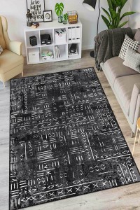 Siyah Kaymaz Tabanlı Etnik Mutfak Halısı AR1370 Siyah Kaymaz Tabanlı Etnik Mutfak Halısı AR1370