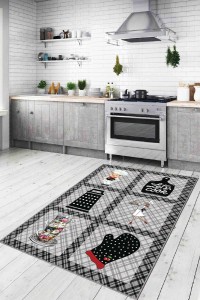 Gri Kaymaz Tabanlı Yıkanan Aşçı Desenli Mutfak Halısı AR173 Gri Kaymaz Tabanlı Yıkanan Aşçı Desenli Mutfak Halısı AR173