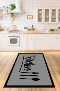 Gri Kaymaz Taban Yıkanan Kitchen Yazılı Mutfak Halısı AR176 Gri Kaymaz Taban Yıkanan Kitchen Yazılı Mutfak Halısı AR176
