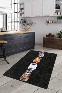 Siyah Kaymaz Tabanlı Yıkanabilir Kedili Mutfak Halısı AR193 Siyah Kaymaz Tabanlı Yıkanabilir Kedili Mutfak Halısı AR193