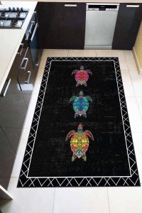 Siyah Kaymaz Tabanlı Kaplumbağa Desenli Mutfak Halısı AR195 Siyah Kaymaz Tabanlı Kaplumbağa Desenli Mutfak Halısı AR195