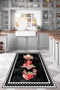 Siyah Kaymaz Tabanlı Çaydanlık Desenli Mutfak Halısı AR341S Siyah Kaymaz Tabanlı Çaydanlık Desenli Mutfak Halısı AR341S