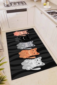 Siyah Kaymaz Tabanlı Yıkanabilir Kedili Mutfak Halısı AR343 Siyah Kaymaz Tabanlı Yıkanabilir Kedili Mutfak Halısı AR343