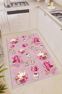 Pembe Kaymaz Tabanlı Çaydanlık Desenli Mutfak Halısı AR389P Pembe Kaymaz Tabanlı Çaydanlık Desenli Mutfak Halısı AR389P