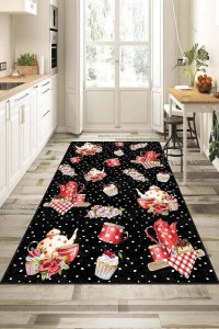 Siyah Kaymaz Taban Yıkanır Çaydanlıklı Mutfak Halısı AR389S Siyah Kaymaz Taban Yıkanır Çaydanlıklı Mutfak Halısı AR389S