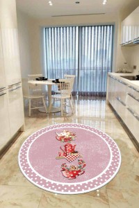 Pembe Kaymaz Çaydanlık Desenli Yuvarlak Mutfak Halısı AR423 Pembe Kaymaz Çaydanlık Desenli Yuvarlak Mutfak Halısı AR423