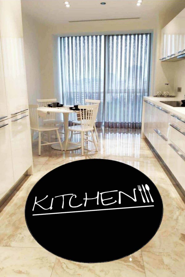 Siyah Kaymaz Kitchen Yazılı Yuvarlak Mutfak Halısı AR430