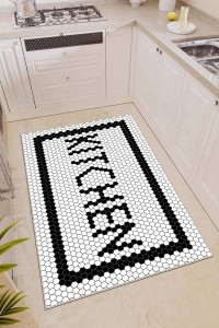 Beyaz Kaymaz Tabanlı Kitchen Yazılı Mutfak Halısı AR443 Beyaz Kaymaz Tabanlı Kitchen Yazılı Mutfak Halısı AR443