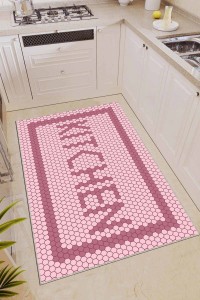 Pembe Kaymaz Tabanlı Kitchen Yazılı Mutfak Halısı AR493 Pembe Kaymaz Tabanlı Kitchen Yazılı Mutfak Halısı AR493