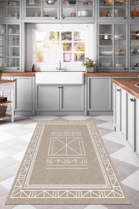 Bej Kaymaz Tabanlı Yıkanır Etnik Desenli Mutfak Halısı AR502 Bej Kaymaz Tabanlı Yıkanır Etnik Desenli Mutfak Halısı AR502