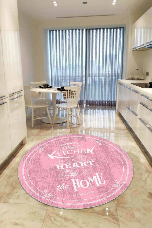 Pembe Kaymaz Kitchen Yazılı Yuvarlak Mutfak Halısı AR538