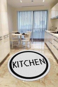 Beyaz Kaymaz Kitchen Yazılı Yuvarlak Mutfak Halısı AR543 Beyaz Kaymaz Kitchen Yazılı Yuvarlak Mutfak Halısı AR543