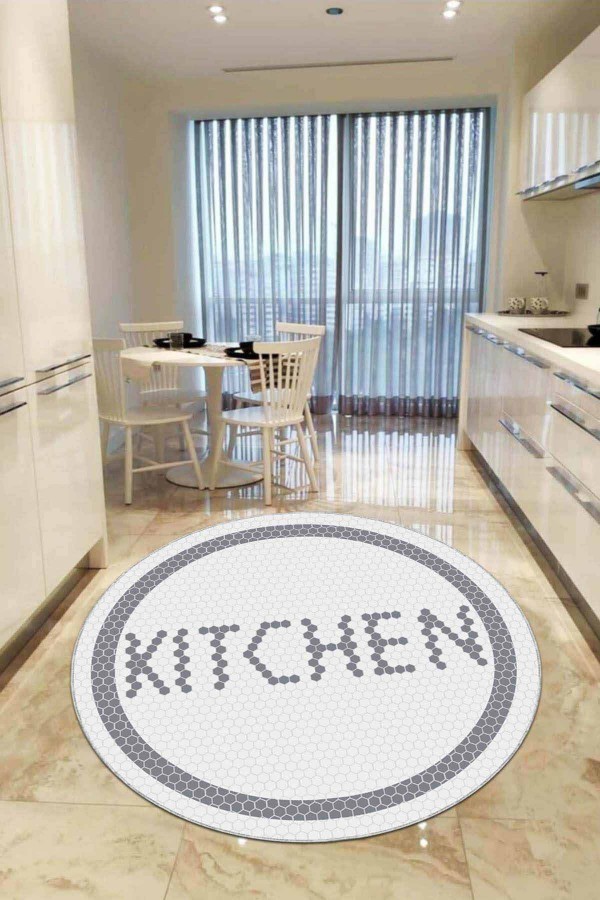 Beyaz Kaymaz Kitchen Yazılı Yuvarlak Mutfak Halısı AR547