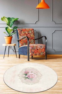 Bej Kaymaz Tabanlı Çiçekli Yuvarlak Mutfak Halısı AR562 Bej Kaymaz Tabanlı Çiçekli Yuvarlak Mutfak Halısı AR562