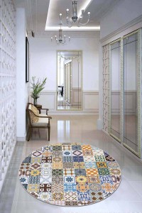 Renkli Kaymaz Taban Çini Desen Yuvarlak Mutfak Halısı AR563 Renkli Kaymaz Taban Çini Desen Yuvarlak Mutfak Halısı AR563