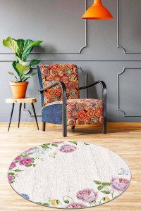 Pembe Kaymaz Tabanlı Çiçekli Yuvarlak Mutfak Halısı AR565 Pembe Kaymaz Tabanlı Çiçekli Yuvarlak Mutfak Halısı AR565