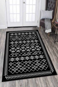 Siyah Kaymaz Taban Yıkanan Etnik Desenli Mutfak Halısı AR679 Siyah Kaymaz Taban Yıkanan Etnik Desenli Mutfak Halısı AR679