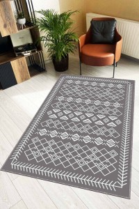 Gri Kaymaz Tabanlı Yıkanır Etnik Desenli Mutfak Halısı AR681 Gri Kaymaz Tabanlı Yıkanır Etnik Desenli Mutfak Halısı AR681