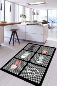 Siyah Kaymaz Tabanlı Kaktüs Desenli Mutfak Halısı AR712 Siyah Kaymaz Tabanlı Kaktüs Desenli Mutfak Halısı AR712
