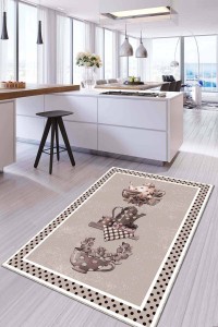 Bej Kaymaz Tabanlı Çaydanlık Desenli Mutfak Halısı AR797 Bej Kaymaz Tabanlı Çaydanlık Desenli Mutfak Halısı AR797