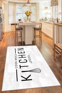 Beyaz Kaymaz Tabanlı Kitchen Yazılı Mutfak Halısı AR798 Beyaz Kaymaz Tabanlı Kitchen Yazılı Mutfak Halısı AR798