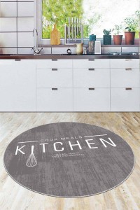 Gri Kaymaz Taban Kitchen Yazılı Yuvarlak Mutfak Halısı AR800 Gri Kaymaz Taban Kitchen Yazılı Yuvarlak Mutfak Halısı AR800