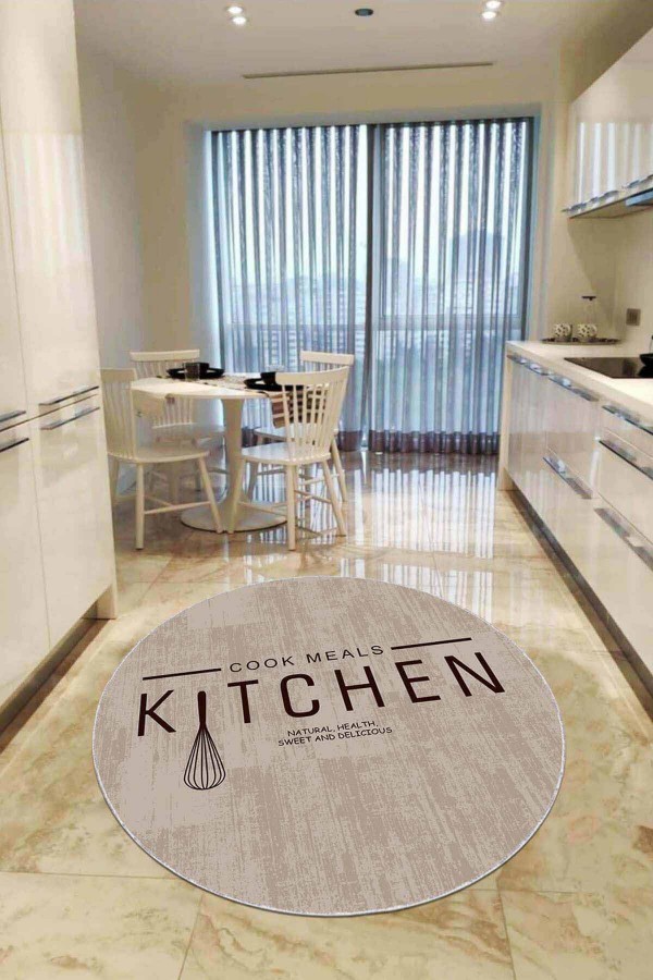 Bej Kaymaz Taban Kitchen Yazılı Yuvarlak Mutfak Halısı AR801