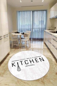 Beyaz Kaymaz Kitchen Yazılı Yuvarlak Mutfak Halısı AR802 Beyaz Kaymaz Kitchen Yazılı Yuvarlak Mutfak Halısı AR802