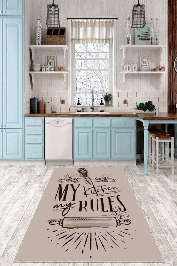 Bej Kaymaz Tabanlı My Kitchen My Rules Mutfak Halısı AR813