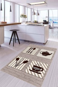 Bej Kaymaz Tabanlı Çaydanlık Desenli Mutfak Halısı AR817 Bej Kaymaz Tabanlı Çaydanlık Desenli Mutfak Halısı AR817