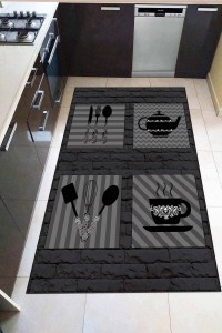 Füme Kaymaz Tabanlı Çaydanlık Desenli Mutfak Halısı AR818 Füme Kaymaz Tabanlı Çaydanlık Desenli Mutfak Halısı AR818