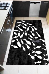 Siyah Kaymaz Taban Yıkanan Balık Desenli Mutfak Halısı AR827 Siyah Kaymaz Taban Yıkanan Balık Desenli Mutfak Halısı AR827