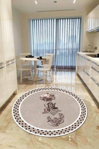 Bej Kaymaz Çaydanlık Desenli Yuvarlak Mutfak Halısı AR841 Bej Kaymaz Çaydanlık Desenli Yuvarlak Mutfak Halısı AR841