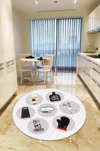 Beyaz Kaymaz Taban Aşçı Desenli Yuvarlak Mutfak Halısı AR885 Beyaz Kaymaz Taban Aşçı Desenli Yuvarlak Mutfak Halısı AR885