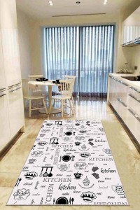 Beyaz Kaymaz Tabanlı Çaydanlık Desenli Mutfak Halısı AR889 Beyaz Kaymaz Tabanlı Çaydanlık Desenli Mutfak Halısı AR889