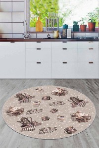 Bej Kaymaz Çaydanlık Desenli Yuvarlak Mutfak Halısı AR896 Bej Kaymaz Çaydanlık Desenli Yuvarlak Mutfak Halısı AR896