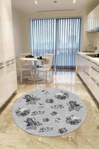 Gri Kaymaz Çaydanlık Desenli Yuvarlak Mutfak Halısı AR898 Gri Kaymaz Çaydanlık Desenli Yuvarlak Mutfak Halısı AR898