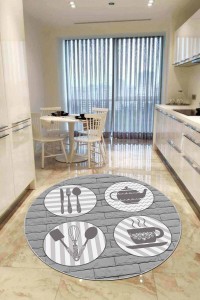 Gri Kaymaz Çaydanlık Desenli Yuvarlak Mutfak Halısı AR904 Gri Kaymaz Çaydanlık Desenli Yuvarlak Mutfak Halısı AR904