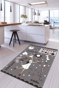 Gri Kaymaz Tabanlı Yıkanan Aşçı Desenli Mutfak Halısı AR907 Gri Kaymaz Tabanlı Yıkanan Aşçı Desenli Mutfak Halısı AR907