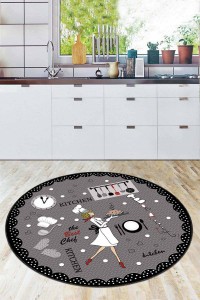 Gri Kaymaz Tabanlı Aşçı Desenli Yuvarlak Mutfak Halısı AR910 Gri Kaymaz Tabanlı Aşçı Desenli Yuvarlak Mutfak Halısı AR910