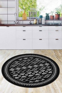 Siyah Kaymaz Taban Etnik Desen Yuvarlak Mutfak Halısı AR911 Siyah Kaymaz Taban Etnik Desen Yuvarlak Mutfak Halısı AR911