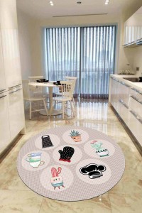 Bej Kaymaz Tabanlı Kaktüslü Yuvarlak Mutfak Halısı AR921 Bej Kaymaz Tabanlı Kaktüslü Yuvarlak Mutfak Halısı AR921