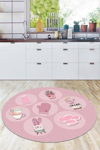 Pembe Kaymaz Tabanlı Kaktüslü Yuvarlak Mutfak Halısı AR923 Pembe Kaymaz Tabanlı Kaktüslü Yuvarlak Mutfak Halısı AR923